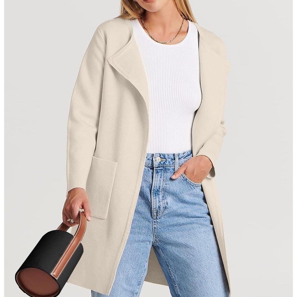 Prinbara Women‎ Open Front Knit Cardigan Long Sleeve Lapel Casual Solid Classy M